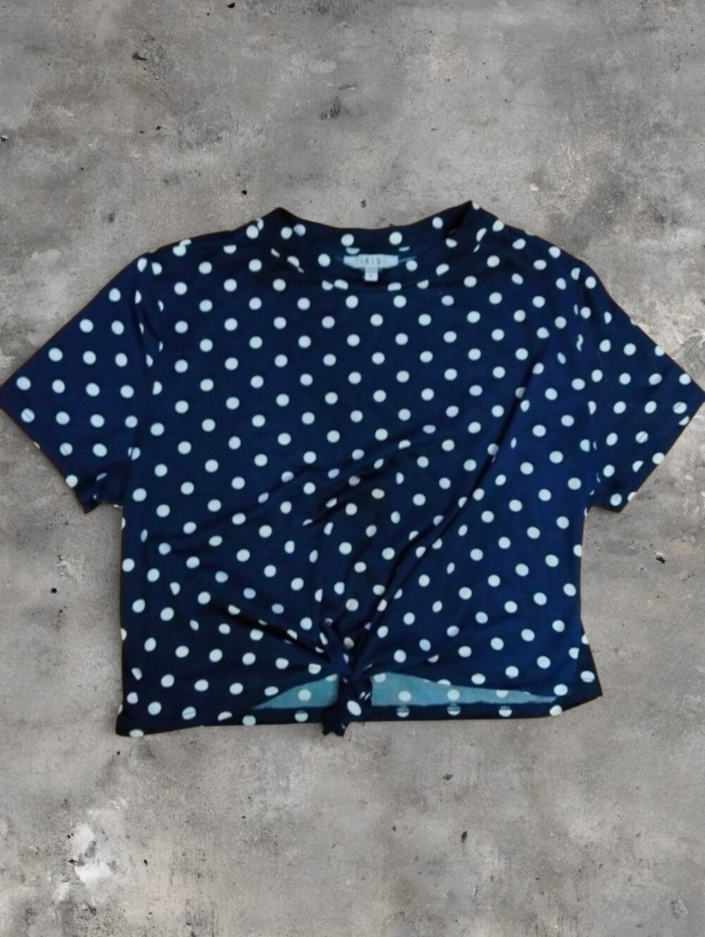 IRIS Navy Blue Polka Dot Front Knot Crop Top L